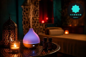 Aromaterapia para dormir mejor con aceites esenciales de lavanda y manzanilla en difusor.